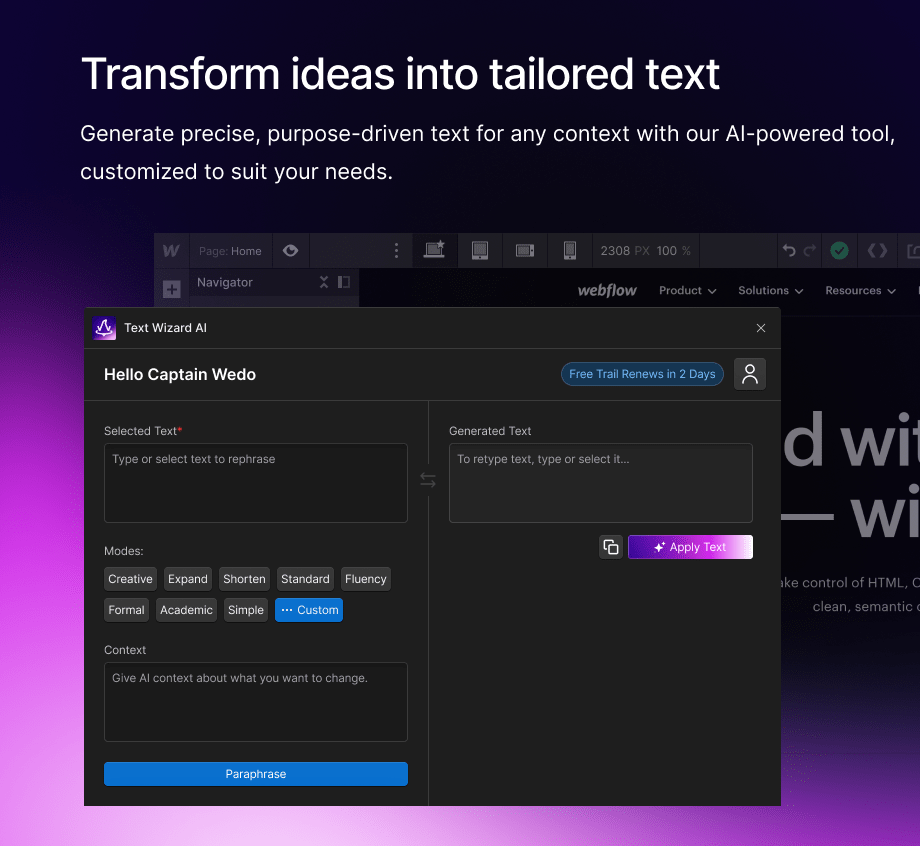 Text Wizard AI, Transformative text generation for Webflow.